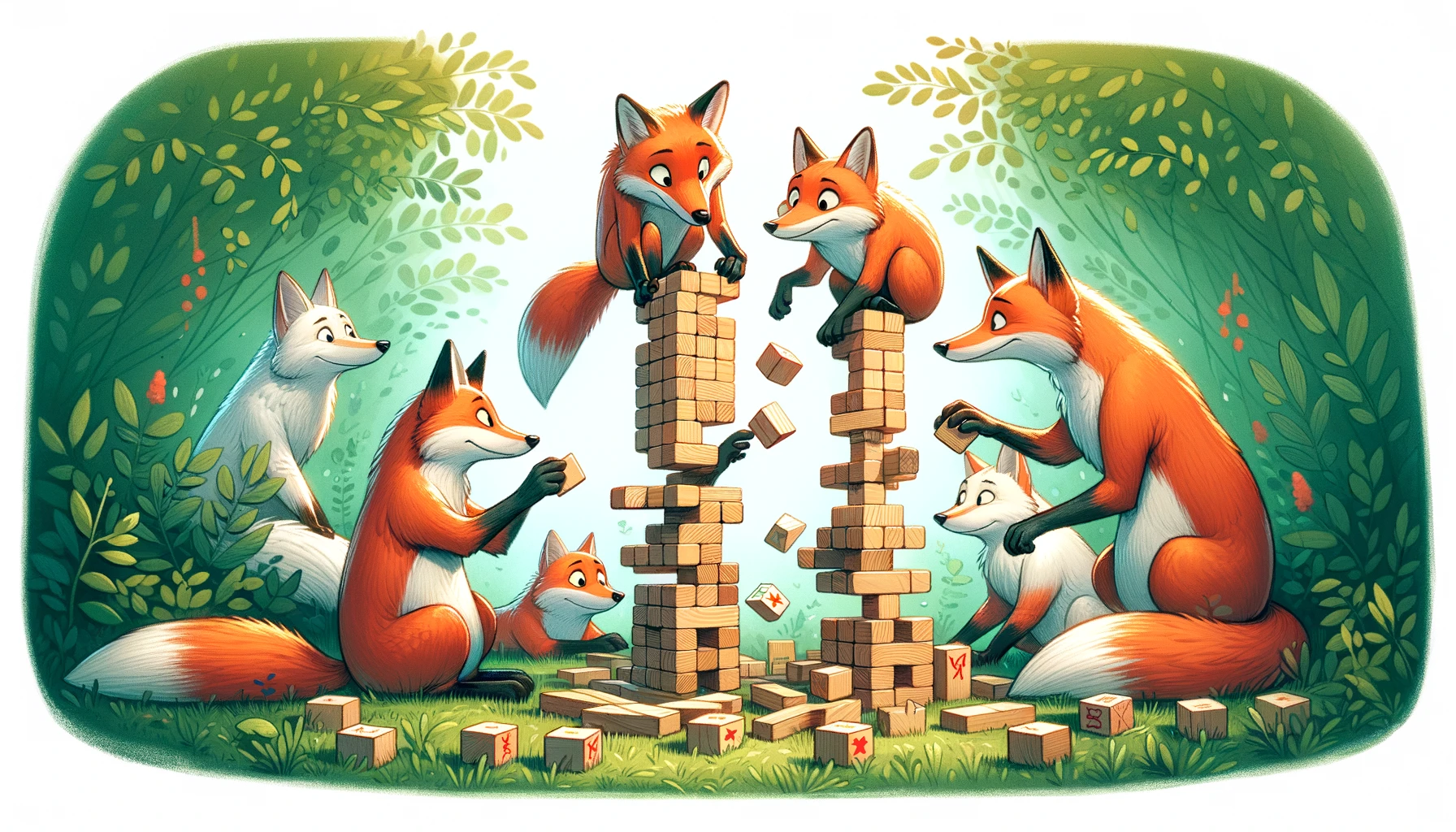 DALL·E-2024-02-11-12.12.25-A-whimsical-cartoon-style-illustration-for-a-header-featuring-a-group-of-animated-foxes-engaging-in-the-playful-activity-of-building-towers-with-Kap